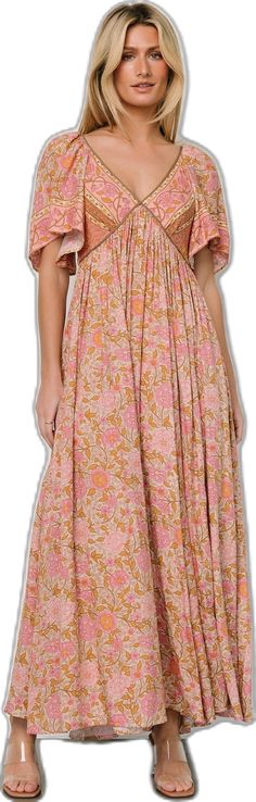 Peach Floral Print Short Sleeve Midi Dress, Peach Floral Print Midi Dress With Short Sleeves, Peach Floral Print V-neck Midi Dress, Pink Ditsy Floral Print Midi Dress, Maxi Dress Vintage, Blowout Sale, Vintage Maxi Dress, Rayon Fabric, Printed Maxi