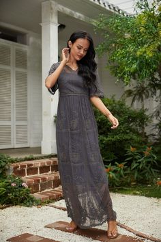 V Neck Half Sleeves Floral Maxi Dress - Cherieday Chic Gray V-neck Maxi Dress, Bohemian Short Sleeve Evening Dresses, Bohemian Gray Dresses For Fall, Gray Bohemian Dresses For Fall, Gray Bohemian Dress For Fall, Gray Maxi Length Dress For Fall, Elegant Flowy Gray Dress, Chic Gray Dress For Day Out, Chic Gray Short Sleeve Dresses