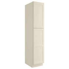 a tall white cabinet with two doors on the front and one door in the back