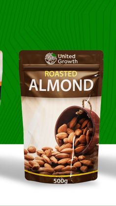 roasted almonds in a bag on a green background with the text, roasted almond