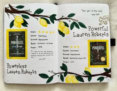 an open book with lemons on it and the words powerpuin written in yellow