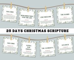 the 25 days christmas scripture is hanging on clothes pins and there are four pieces of paper attached to them