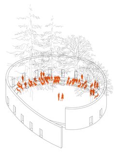 an artist's rendering of people walking around a circular area with trees in the background