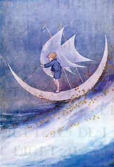 an illustration of a boy standing on the moon with stars in his hands and looking at it