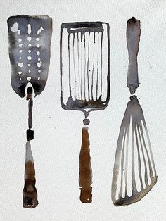 three kitchen utensils are shown in this watercolor painting by artist mark adkins