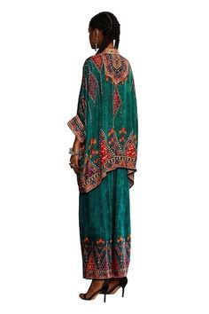 Multicolored kaftan style tunic with floral geometric pattern and embroidery along the placket. - Aza Fashions Green Kaftan With Printed Motifs, Bohemian Style Dabka Kurta For Designer Wear, Eid Long Sleeve Printed Kaftan, Bohemian Festive Sets With Kimono Sleeves, Bohemian Sets With Kimono Sleeves For Festive Occasions, Festive Bohemian Sets With Kimono Sleeves, Green Long Sleeve Designer Kaftan, Bohemian Eid Tunic With Printed Motifs, Bohemian Printed Tunic Set