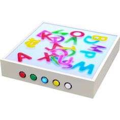 a white box with colorful letters and numbers on the inside, in front of a white background