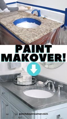 an image of a bathroom being remodeled with blue paint on the counter and in the sink area