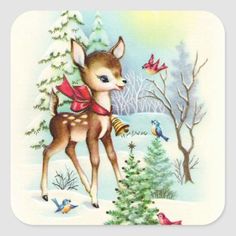 a christmas card with a deer and birds