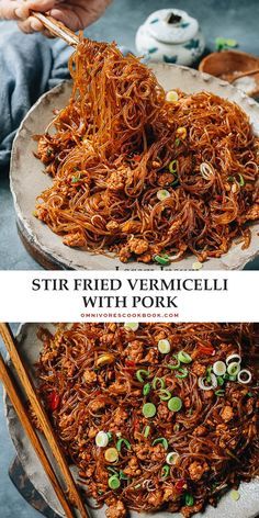 stir fried vermicelli with pork is shown in two separate images, one on the left and the other on the right