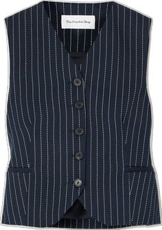 Chic Fitted Pinstripe Vest, Spring Workwear Vest With Vertical Stripes, Tailored Pinstripe Vest For Spring, Chic Fitted Striped Vest, Fitted Pinstripe Vest For Work, Fitted Navy Vest For Work, Navy Fitted Vest For Work, Navy Fitted Vest For Workwear, The Frankie Shop