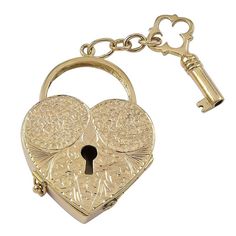 Extra-large and well-detailed figural "heart" locket. Allover engraved and embossed. Attached is a figural "key" with embossed detail. Opens to reveal heart-shaped bezels which can hold six pictures. Very heavy gauge 14K yellow gold. The actual heart is 1 1/4" x 1 1/4." The reverse side was never engraved. A chunky, solid, beautiful piece of jewelry. Alice Kwartler has sold the finest antique gold and diamond jewelry and silver for over forty years. Six Photos, Gold Heart Locket, Picture Locket, Gold Key, Jewelry Lockets, Big Diamond, Gold Cufflinks, Key To My Heart, Locket Charms