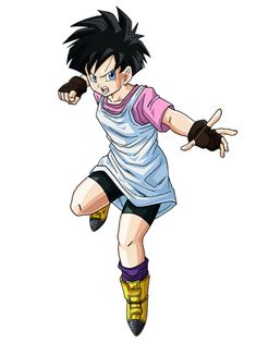 the young gohan is running with his arms out and one hand in the air