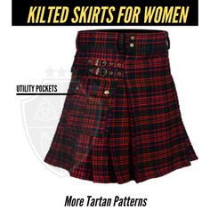 "Tartan Kilted Skirts - Ladies Kilt Skirt 20\" Inch Length For Women Waist Sizes 24\" to 62\" Available in Different 40+ Clan Tartans. This Scottish tartan kilted skirt is made with two utility pockets on the sides. Tartan Kilts for Women is made of Tartan Pleats belong to famous clan tartans. Try something different to spice up you kilt collection with your favourite Tartan Kilts in modern design. Tartan Kilts for sale is come with black leather straps and chrome buckles. Wear your clan kilt in Kilts For Sale, Cargo Skirts, Clan Tartans, Kilt Skirt, Tartan Kilt, Women Waist, Utility Pockets, Cargo Skirt, Scottish Tartans