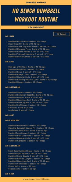 a blue and yellow poster with the words no bench dumbbell workout routine on it