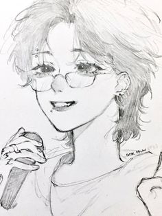 a drawing of a woman with glasses holding a microphone in one hand and looking at the camera