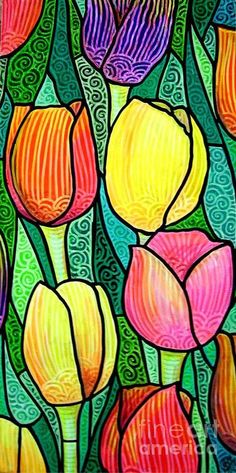 a painting of colorful tulips on a green background