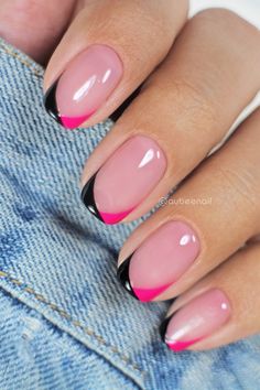 French Tips Two Colors, Simple French Manicure Nail Designs, French Manicure With Pink Line, 2 Colour French Tip Nails, French Manicure With Colored Tips, Black Pink French Tip Nails, French Coloured Tips, Pink French Nails Square, French Manicure Colored Tips