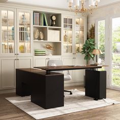 an office with white and black furniture in the middle of it, including a large bookcase