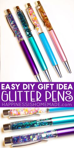 four different colored pens with glitter on them and the words easy diy gift idea