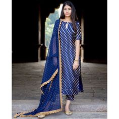 A straight cut silk kurta , teamed with narrow silk brocade pants and georgette dupatta with lace. Look for the Navy Blue Brocade Set… Silk Kurti Designs, Indian Kurti Designs, Pakistani Salwar, Indian Designer Suits, Simple Kurti Designs, Anita Dongre, Salwar Designs