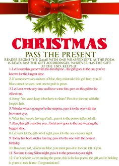 christmas pass the present poem with red ribbon and holly wreath on white background, text below