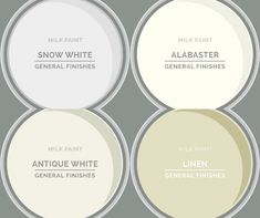 four white paint colors with the names of different paints on them, all labeled in three circles