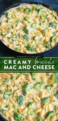 two pans filled with macaroni and cheese covered in broccoli