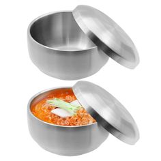 two stainless steel bowls filled with food on top of each other in front of a white background