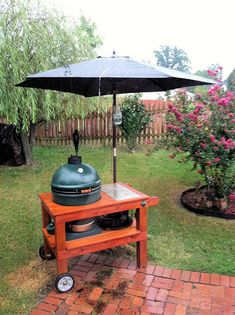 an outdoor bbq is set up in the yard with an umbrella over it and brick pavers