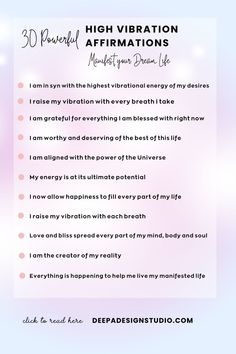 a pink and white poster with the words, high vibration affirmations