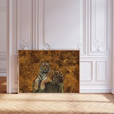 a painting of a tiger sitting on top of a tree stump in an empty room