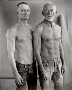 two older men standing next to each other in front of a white background with black and white images