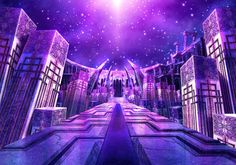 an image of a sci - fi city with purple lights and stars in the sky