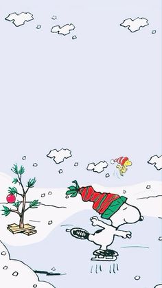 a charlie brown christmas card with snoop on skateboard in the snow, and an apple tree