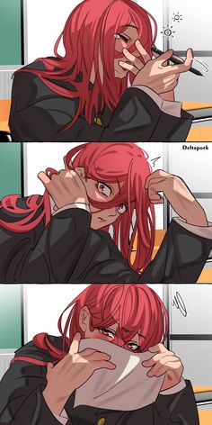 an anime character with red hair and glasses