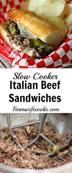 slow cooker italian beef sandwiches in a red and white checkered basket with text overlay