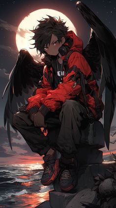 an anime character sitting on top of a rock next to the ocean with wings outstretched