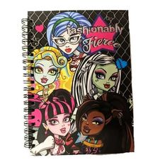 a spiral notebook with cartoon characters on it and the words, fashionably spice written in black