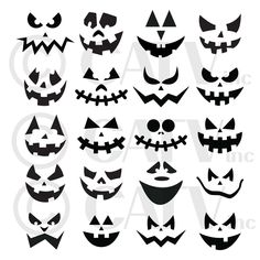 halloween pumpkins and jack - o'- lantern faces are shown in black on white