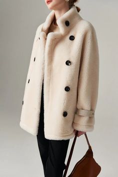 Fibflx Women's Oversized Double-breasted Brown Shearling Coat With Stand Collar Luxury Double-breasted Winter Outerwear, Winter White Sheepskin Outerwear, Winter White Sheepskin Outerwear For Winter, Elegant Long Sleeve Sheepskin Fur Coat, Luxury Outerwear With Stand Collar, Elegant Shearling Outerwear For Fall, Elegant Long Sheepskin Coat, Elegant Fall Shearling Outerwear, Luxury Cream Outerwear With Button Closure