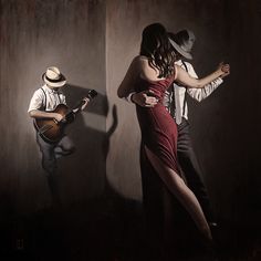 a woman in a red dress standing next to a man with a hat and guitar