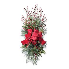 a red bow on top of a christmas plant with berries and mistlet branches in it