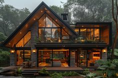 a large house with lots of windows and lights on it's sides in the woods