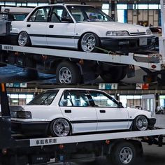 two pictures of the same car being transported on a flatbed tow truck