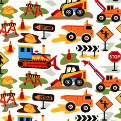 a large group of construction vehicles on a white background with orange and blue traffic signs