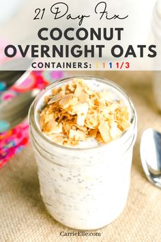 coconut overnight oats in a glass jar with spoons