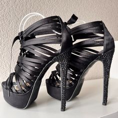 Lace Up Heels With Black Swarovski Crystals On Heels, Platforms In Front, Never Worn. Glamorous Black Heels For Events, Black Synthetic Heels For Events, Black Glamorous Heels For Events, Black High Heel Shoes For Events, Black High Heel Heels For Events, Glamorous Black Heels For Gala, Black Platform Heels For Cocktail, Black Heels With 4-inch Heel For Gala, Black Lace-up Heels With Heel Strap