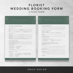 two wedding forms are shown with the words, florist wedding packing form 2 page form