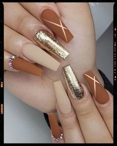 Autumn Nails - Coffin Nails - Acrylic Nails Fall Acrylic Nails Autumn, Fall Acrylic Nails Autumn Coffin, Long Coffin Nail Ideas, Acrylic Nails Autumn, Autumn Nails Acrylic, Coffin Nail Ideas, Golden Nail Art, Cruise Nails, Fall Acrylic